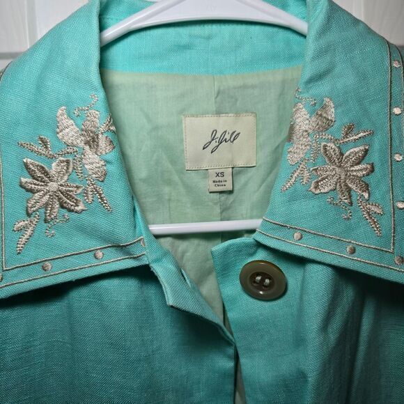 J. Jill 100% Linen Embroidered Duster Jacket Turquoise Aqua Blue Women's Size XS - Picture 3 of 15